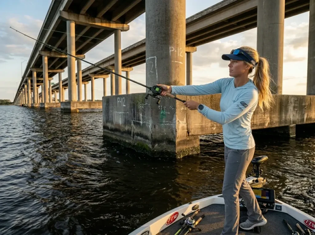Female angler casting a Carolina rig toward current behind bridge pilings.