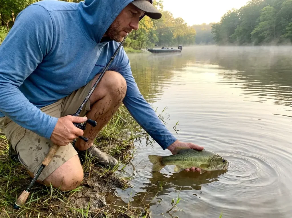 Angler releasing a bass back into the water at the shoreline