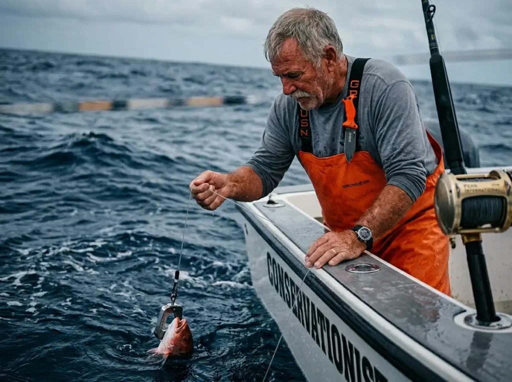 Captain using descending device for caught flatfish release