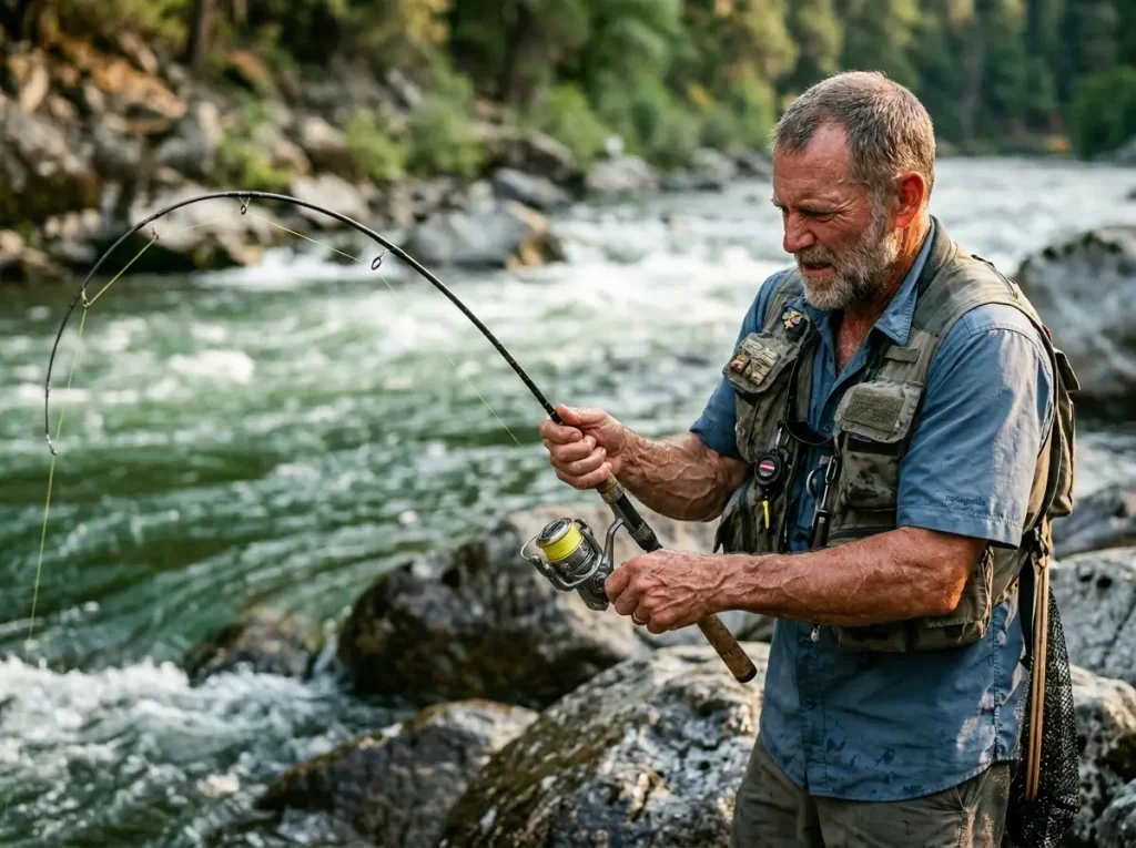 Angler battling fish with heavy stress on a bent carbon rod