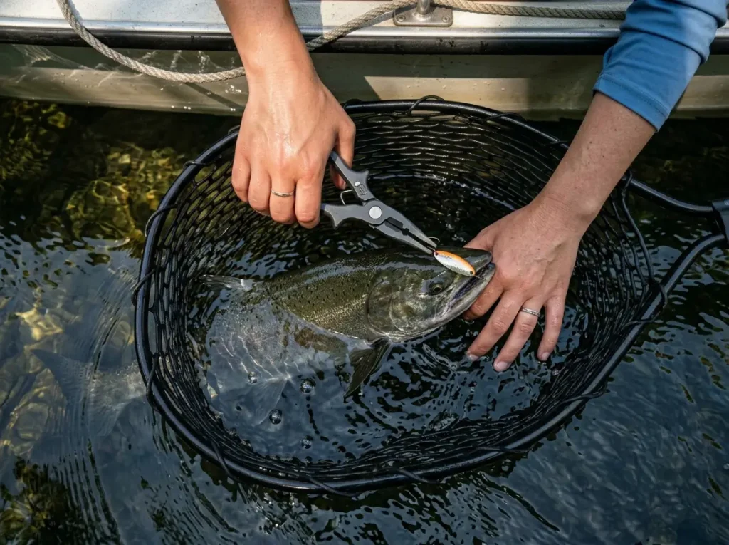 Safe catch and release unhooking a single barbless spoon