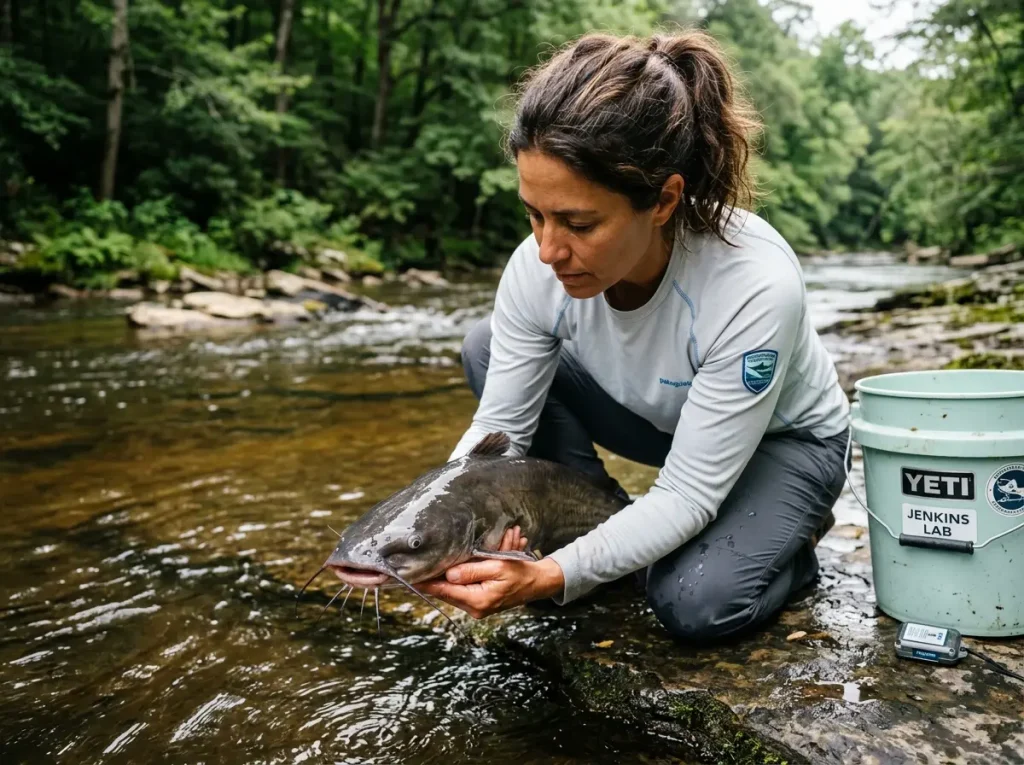 Biologist examining catfish olfactory nares and lamellae safely on a pristine riverbank.