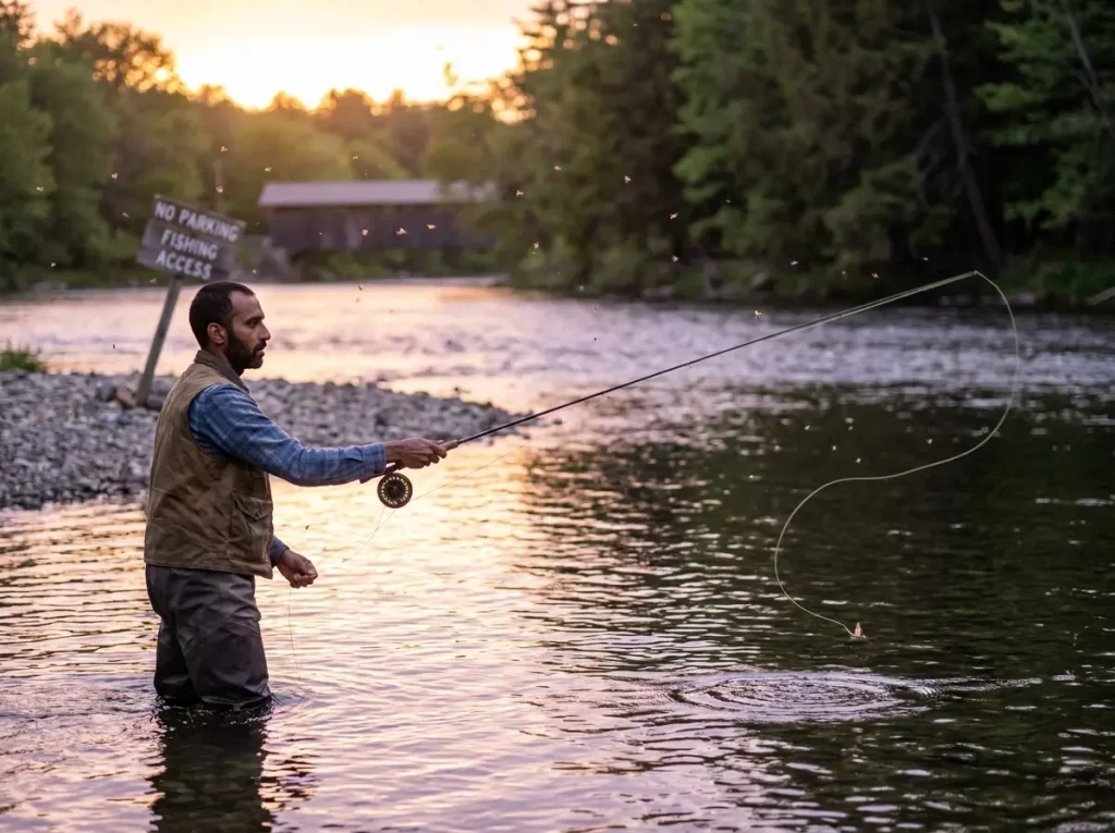Fly fisher casting dry flies on the historic Beaverkill River in the Catskill Mountains
