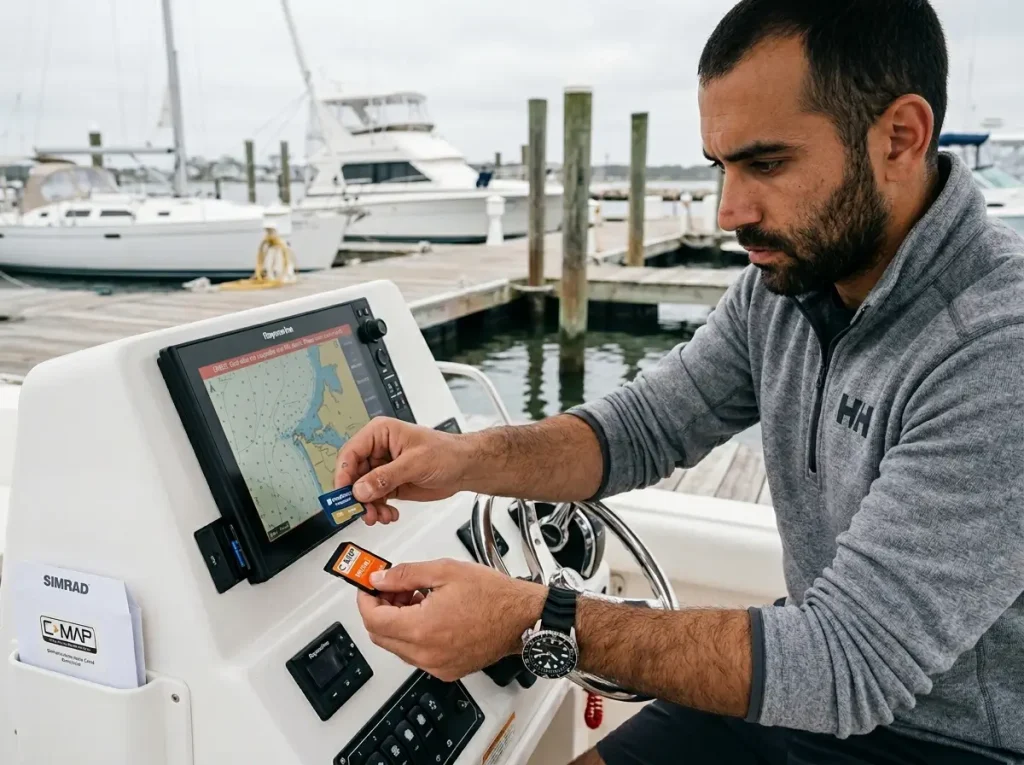 Marine tech swapping Navionics microSD card in Raymarine chartplotter showing ecosystem compatibility