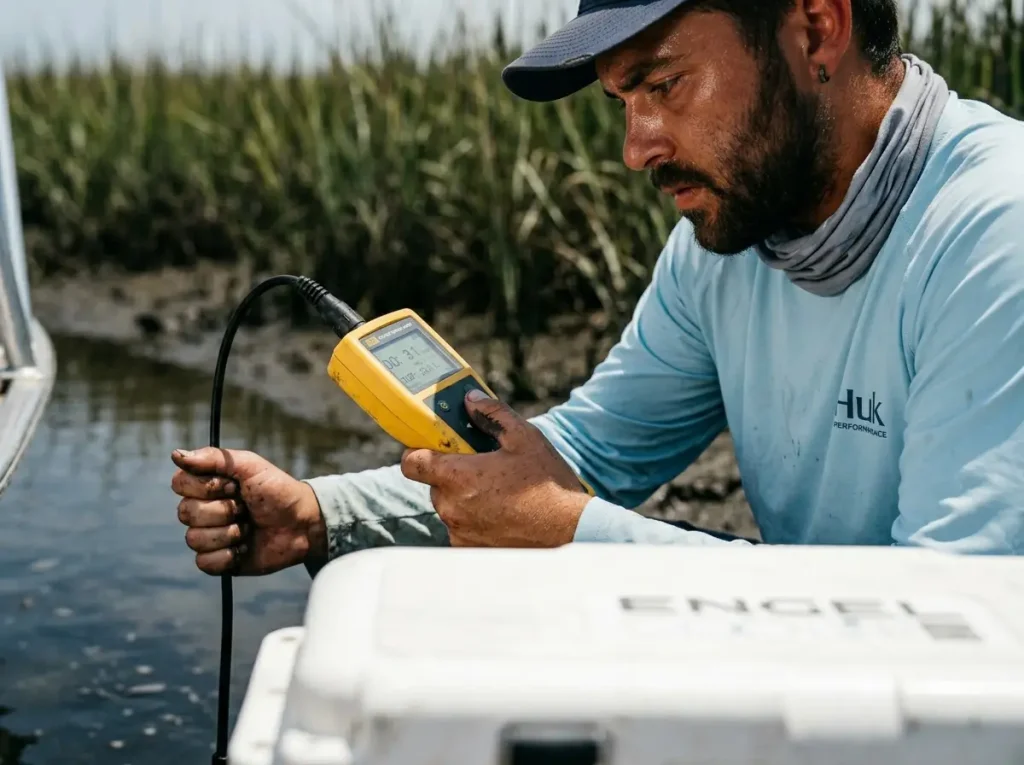 Angler checking dissolved oxygen levels in a tidal marsh drain