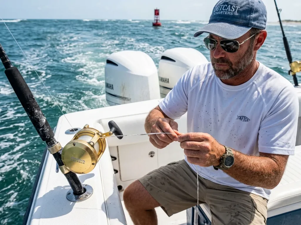 Angler checking fluorocarbon leader for damage after catch