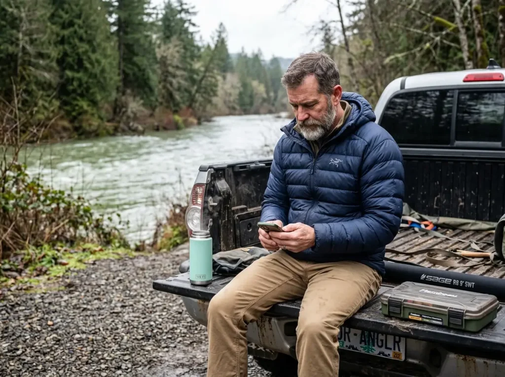 Angler checking river hydrograph data before fishing