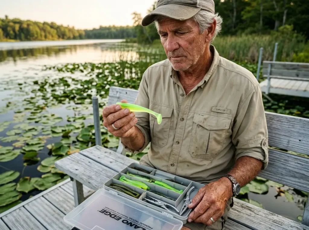 Angler auditing soft plastic fishing lures in box