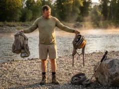 Chest Pack and Fishing Vest Tested Side by Side Angler comparing a fishing chest pack and vest on a river bank