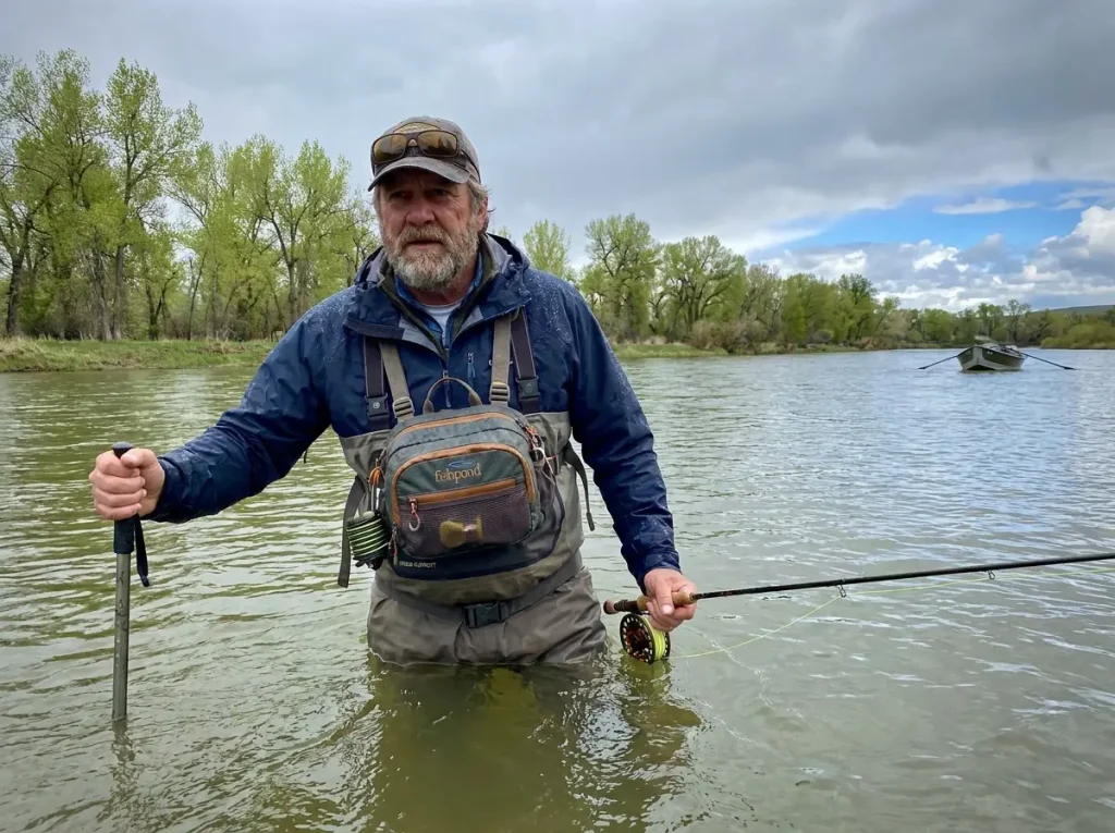 Fly fisher wearing chest pack while wading deep in a river