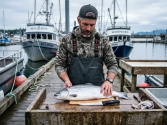 How to Clean and Fillet Fish the Way Pros Do It Pro angler holding Victorinox knife preparing to clean and fillet fish for beginners on a wooden dock