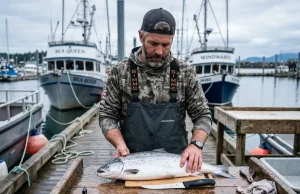 How to Clean and Fillet Fish the Way Pros Do It Pro angler holding Victorinox knife preparing to clean and fillet fish for beginners on a wooden dock