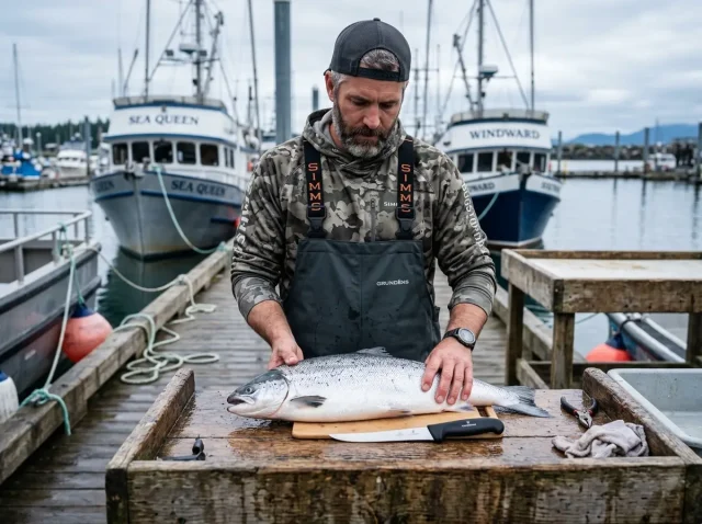 clean-and-fillet-fish-for-beginners-dock Pro angler holding Victorinox knife preparing to clean and fillet fish for beginners on a wooden dock