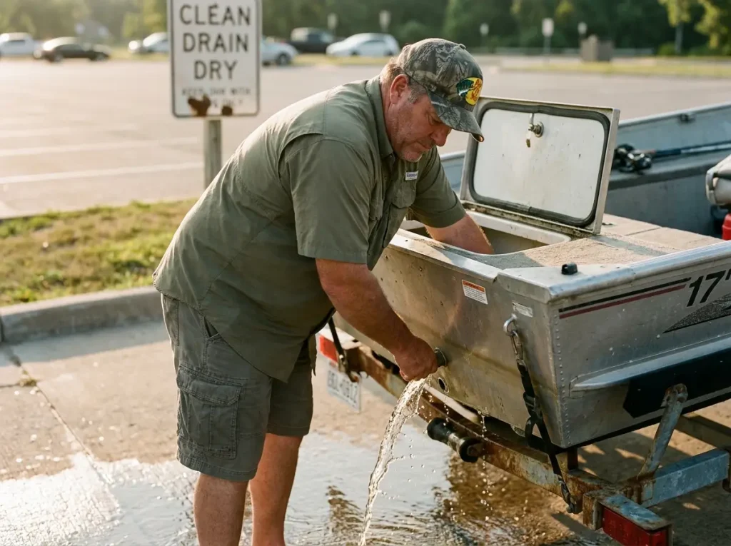 Angler draining livewell at boat ramp implementing Clean-Drain-Dry protocol before leaving access