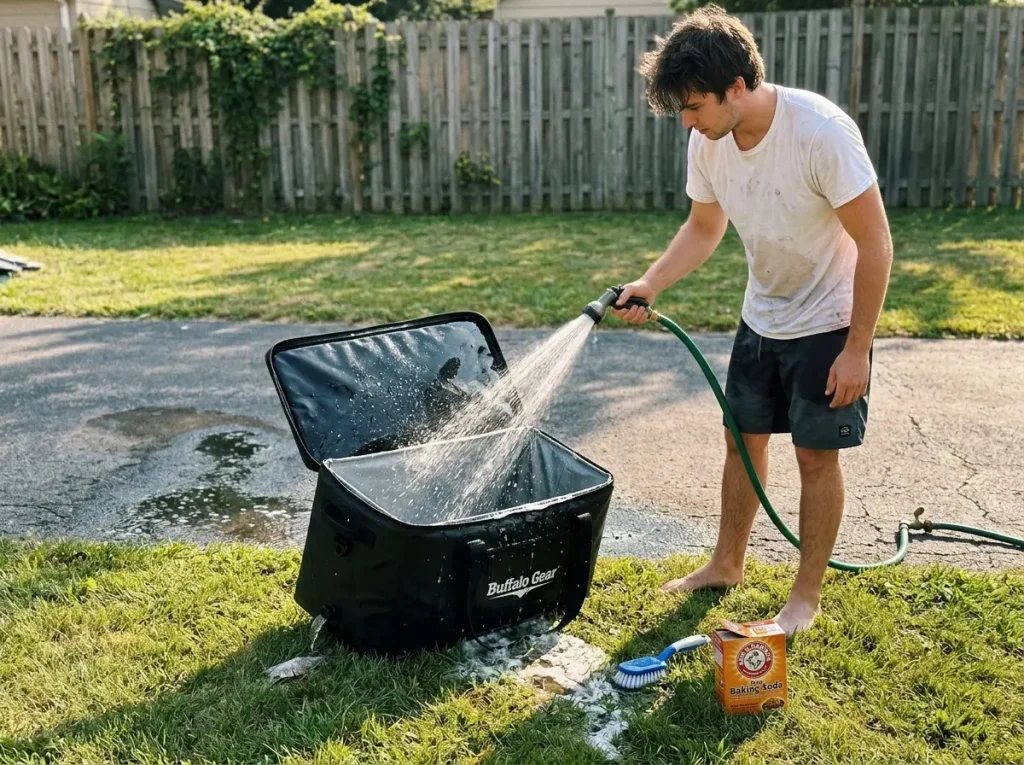 Angler rinsing out a fishing cooler bag with a hose after a trip to keep it clean and odor-free