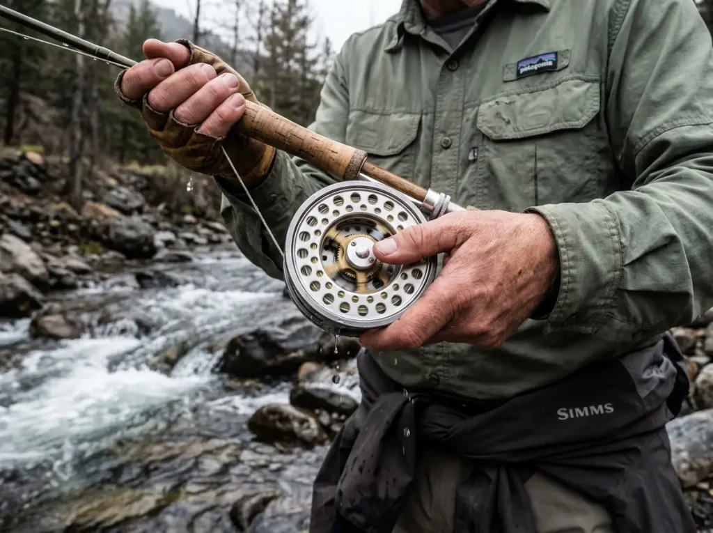 Angler palming the rim of a Hardy Marquis click-and-pawl fly reel while fighting a fish