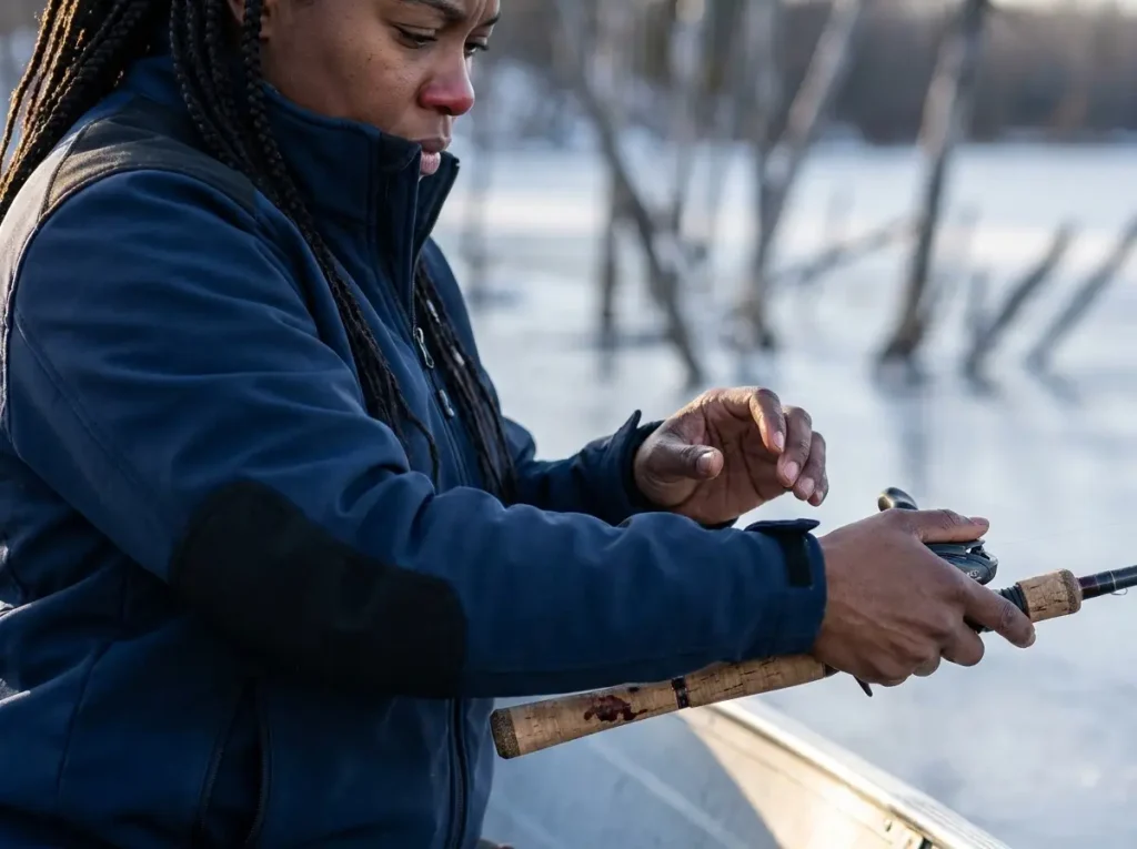 Angler pausing retrieve during cold water phase to trigger lethargic bass
