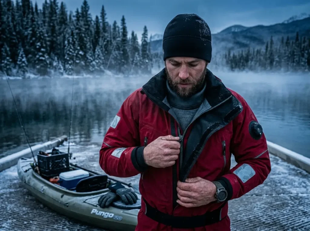 Angler preparing for cold water kayaking in a thermal dry suit