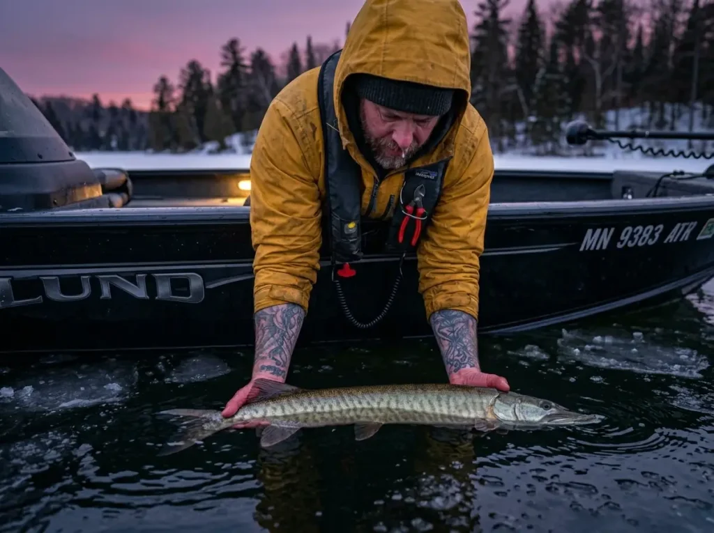 Proper submerged cold water release for fall musky fishing conservation