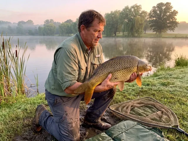 common-carp-angler-holding-fish-dawn Angler holding a large common carp near a lake shoreline at dawn