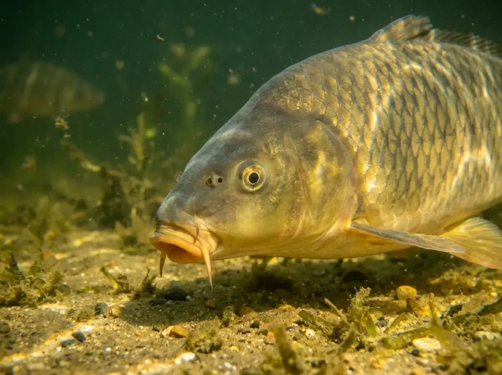Close-up of common carp barbels and mouth underwater against sandy bottom