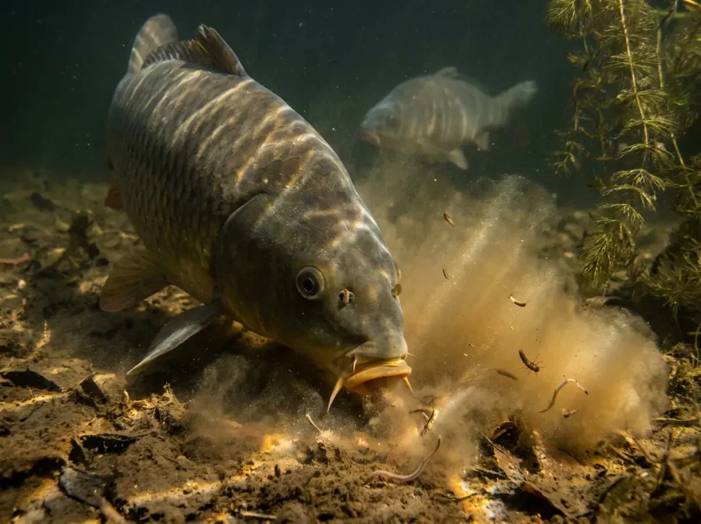 Common carp rooting in muddy lake bottom stirring up sediment cloud