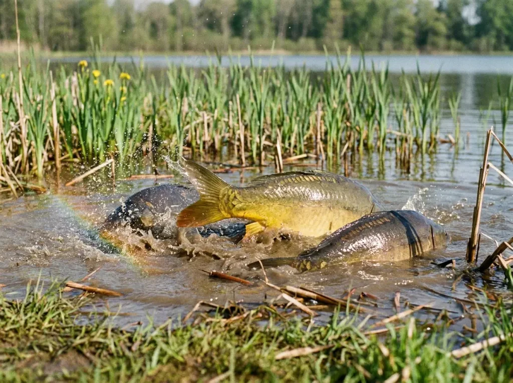 Group of carp splashing in shallow water during spring spawning run