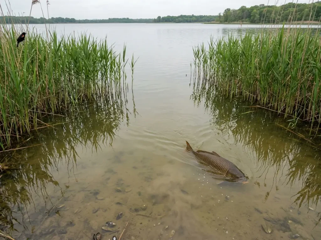 Common carp swimming through turbid shallow water near reed beds