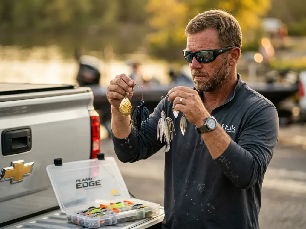 Angler comparing willow and Colorado spinnerbait blades