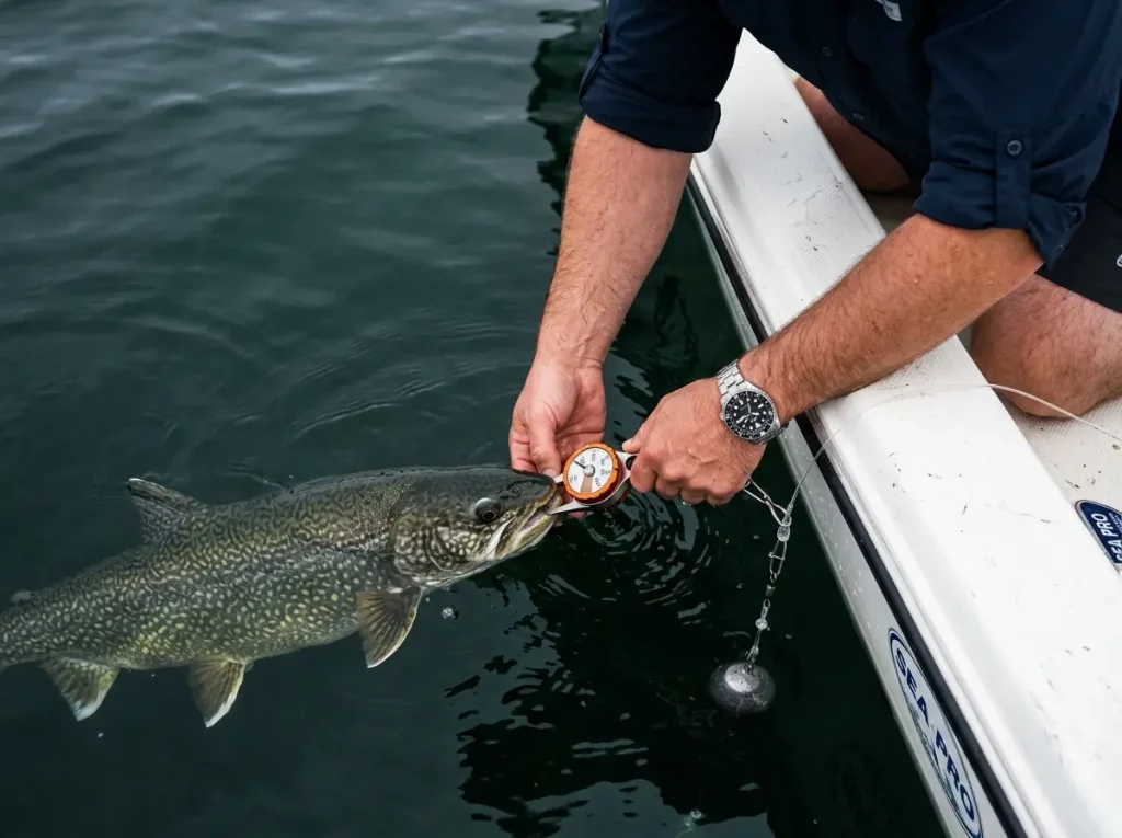 Attaching a descending device to recompress a lake trout suffering from barotrauma