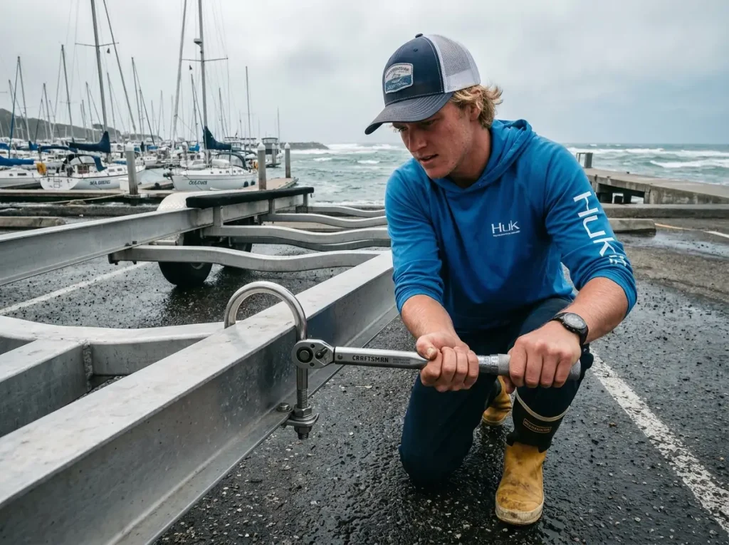 Angler tightening a stainless steel boat trailer U-bolt with a torque wrench at a coastal marina