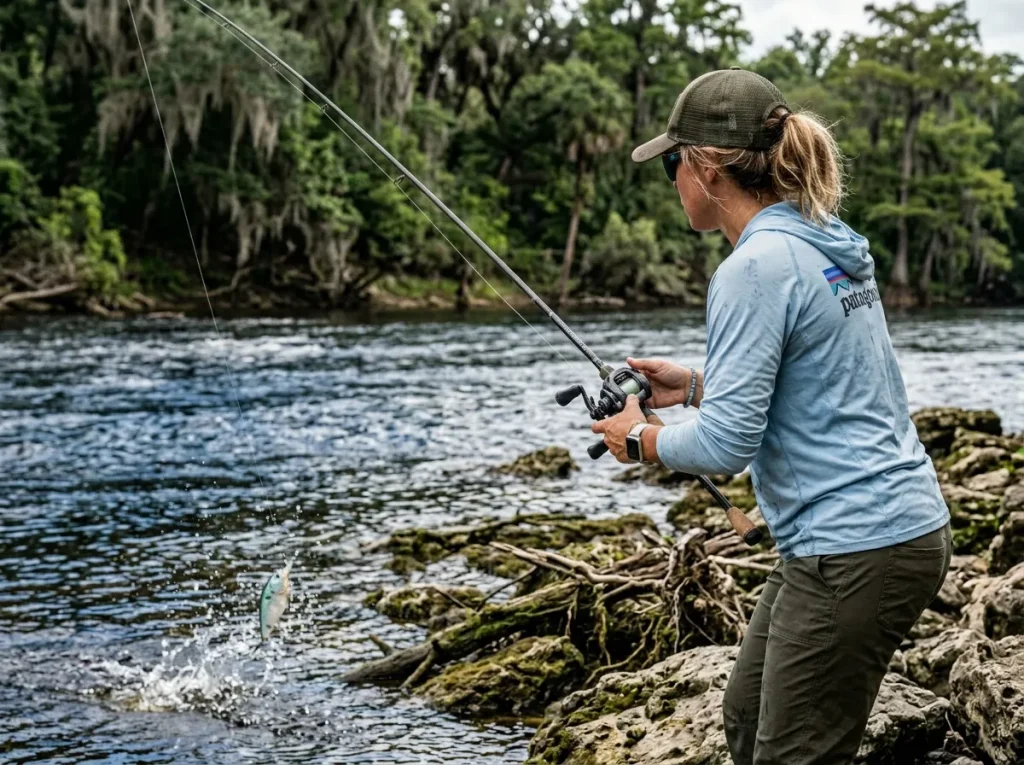 Female angler demonstrating vector cranking rod elevation to avoid uphill bank snags
