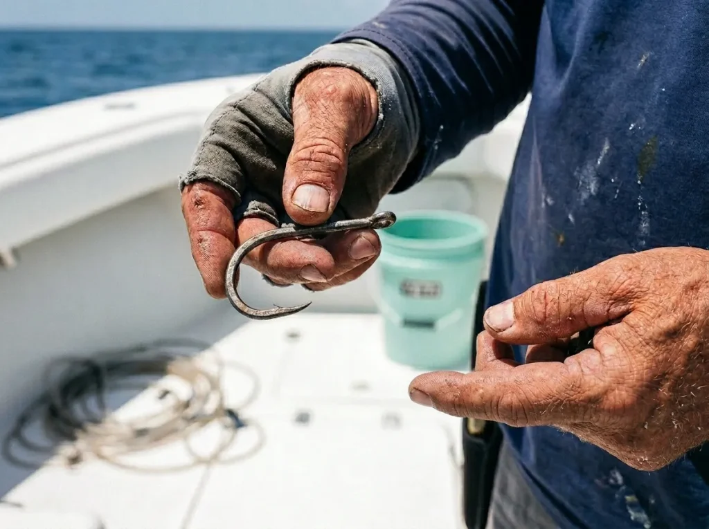 Angler inspecting flattened hook showing how drum fish use pharyngeal teeth to crush shells
