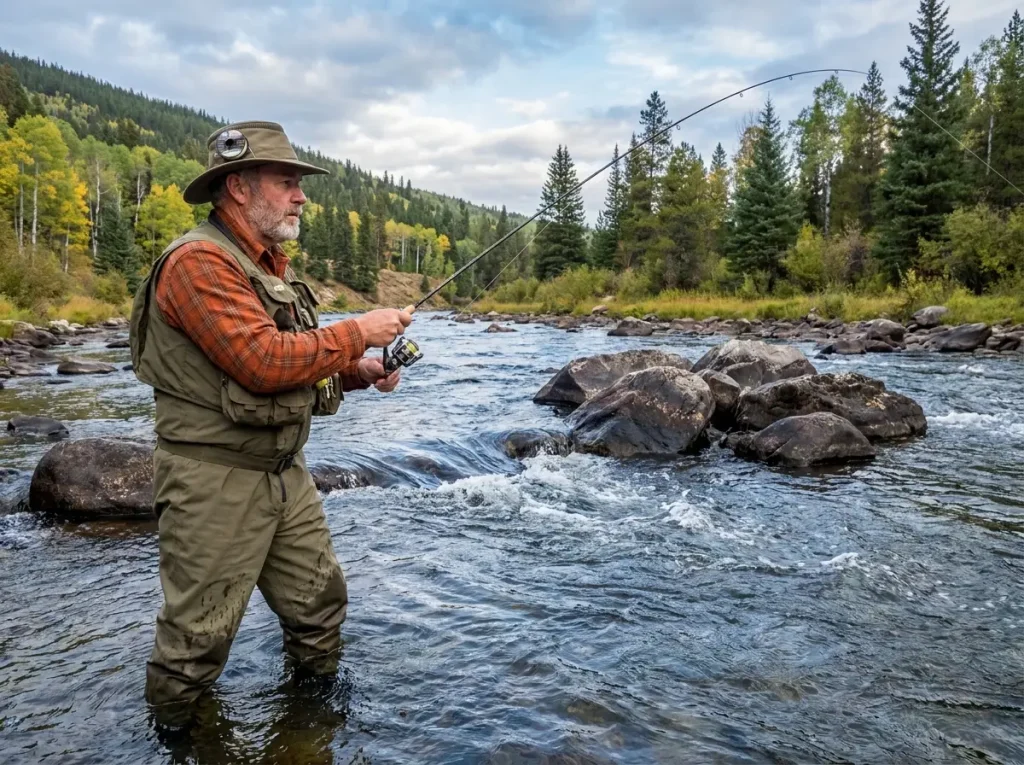 River angler casting upstream of submerged rock structure in flowing water