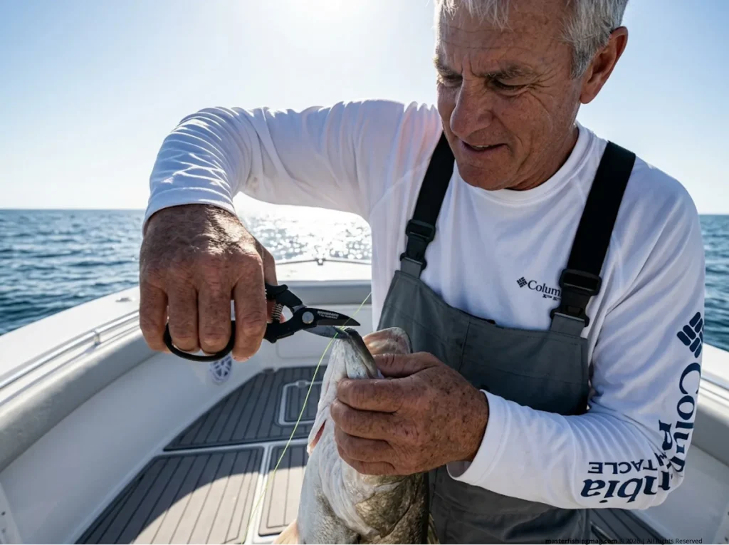 Older angler using precision braid cutters to snip the fishing line close to a fish's mouth to safely leave a deep hook inside.