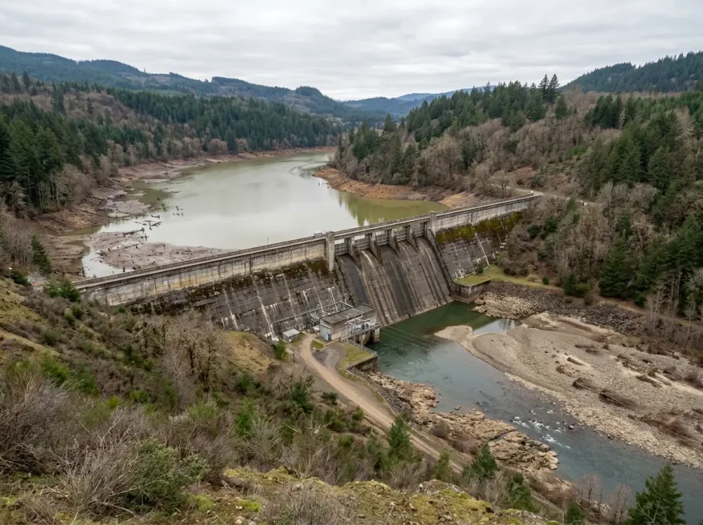 Concrete dam blocking Pacific Northwest river showing sediment buildup above dam and clear water below