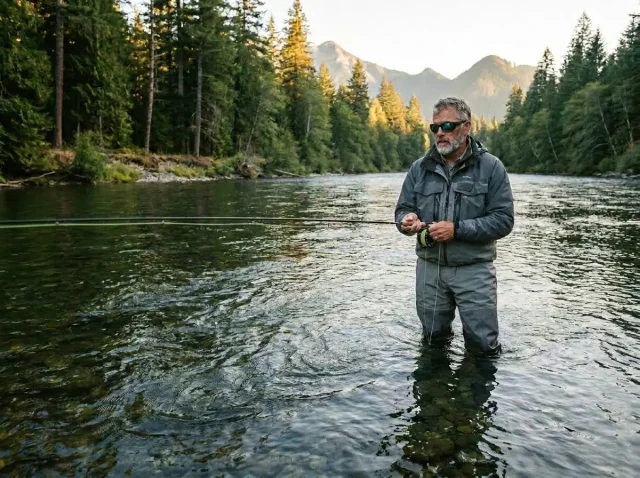 dam-removal-salmon-migration-restored-river-angler Fly angler watching fall Chinook salmon run push upstream in restored Pacific Northwest river
