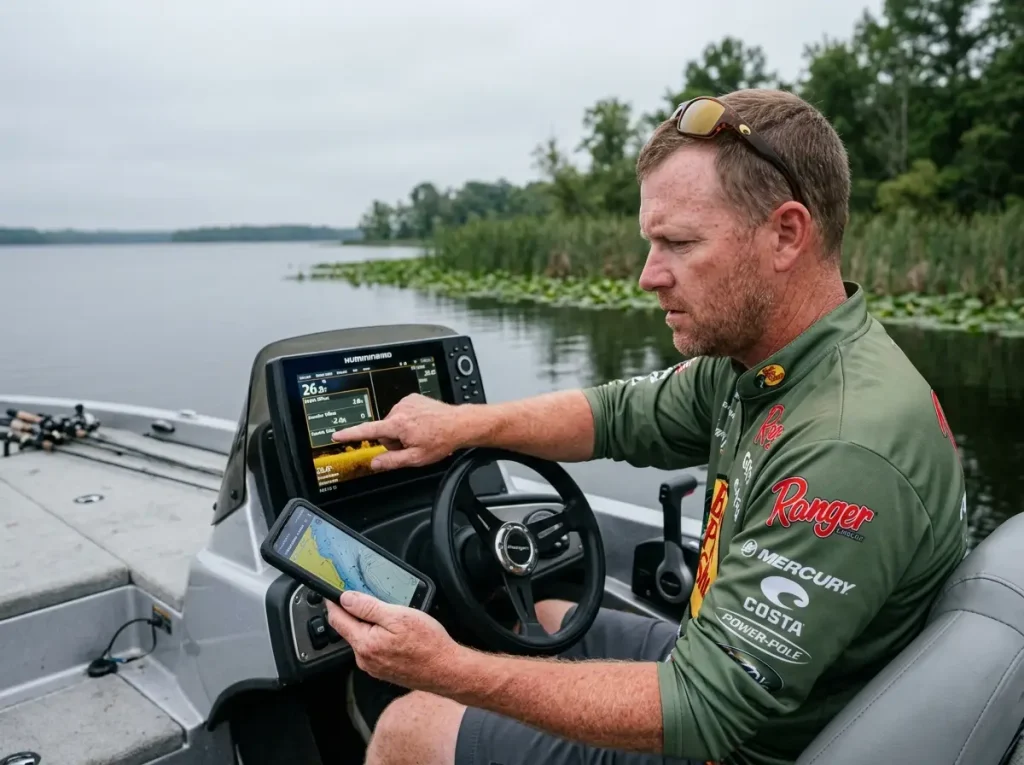 Bass angler comparing Humminbird MEGA Live sonar data with Navionics SonarChart on inland reservoir