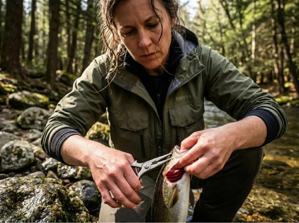 Angler visually inspecting fish gills to determine internal organ proximity to a deeply ingested hook before trying to remove.