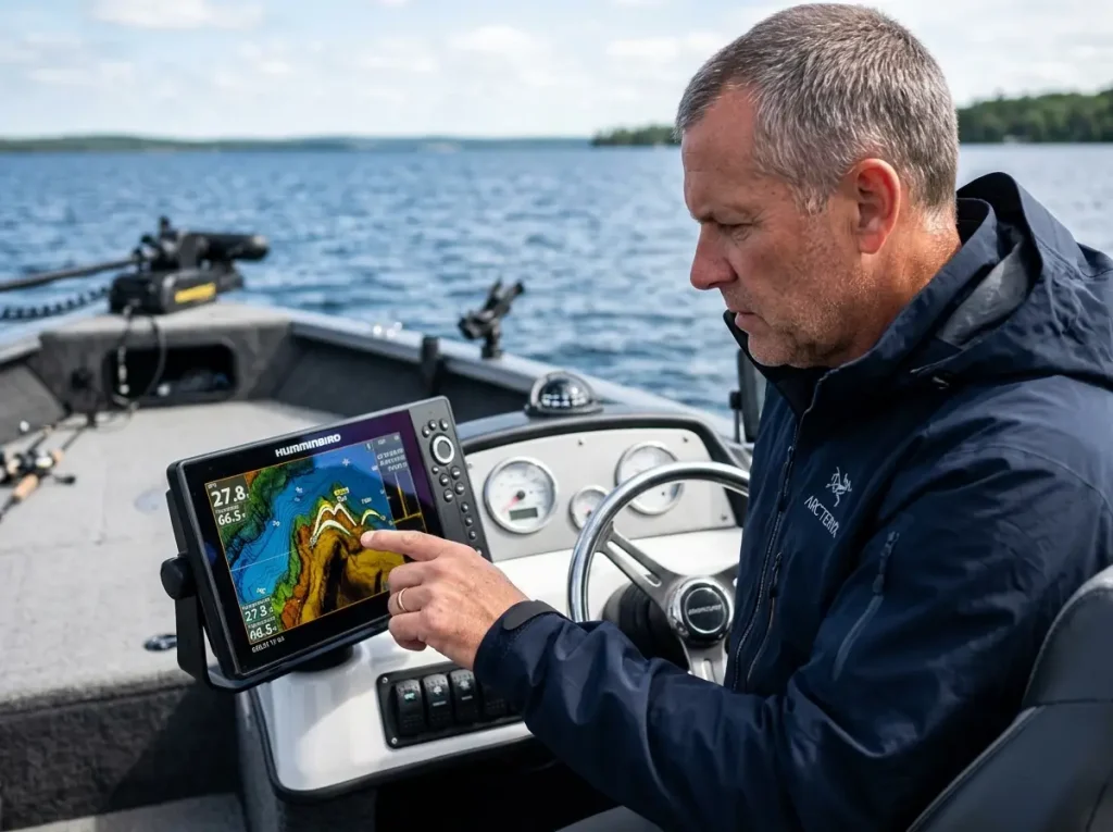 Fishing guide analyzing deep water structure on a sonar fish finder