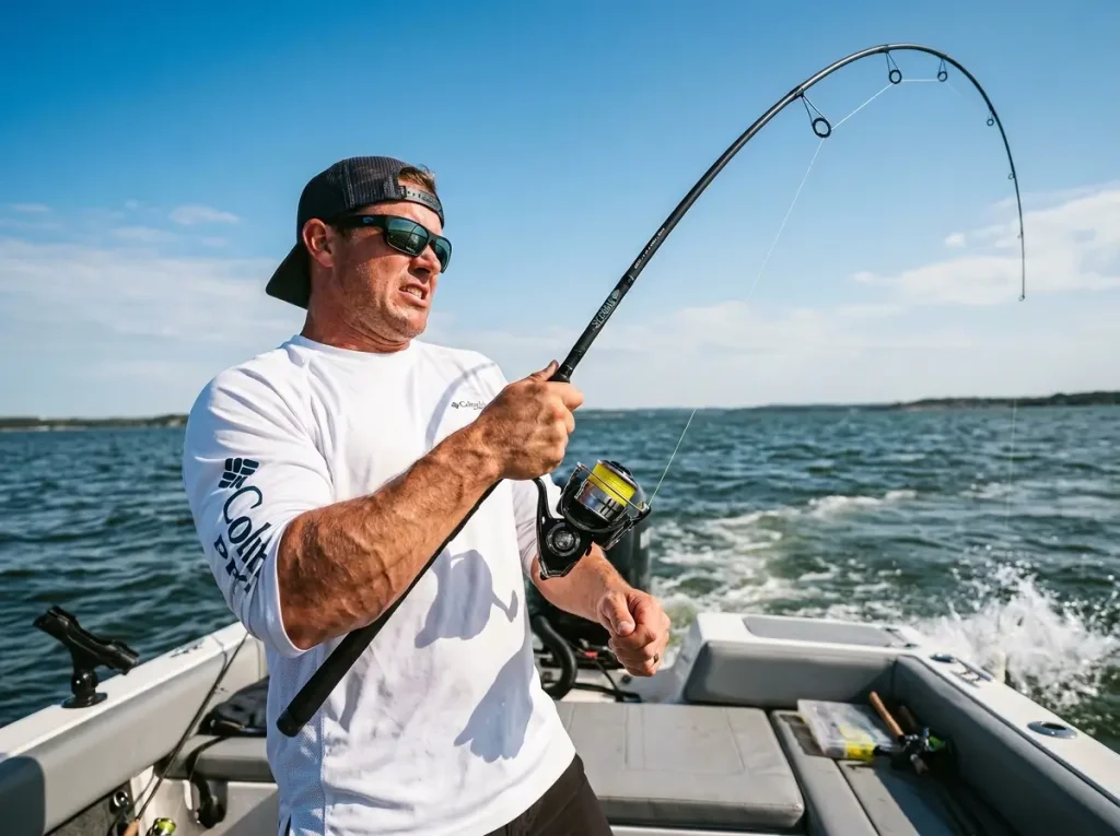 Angler executing a powerful deep water hookset with braided line