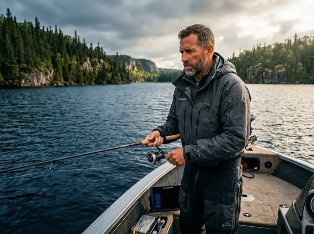 deep-water-lake-trout-tactics-jigging Angler using deep water lake trout tactics vertical jigging from a boat
