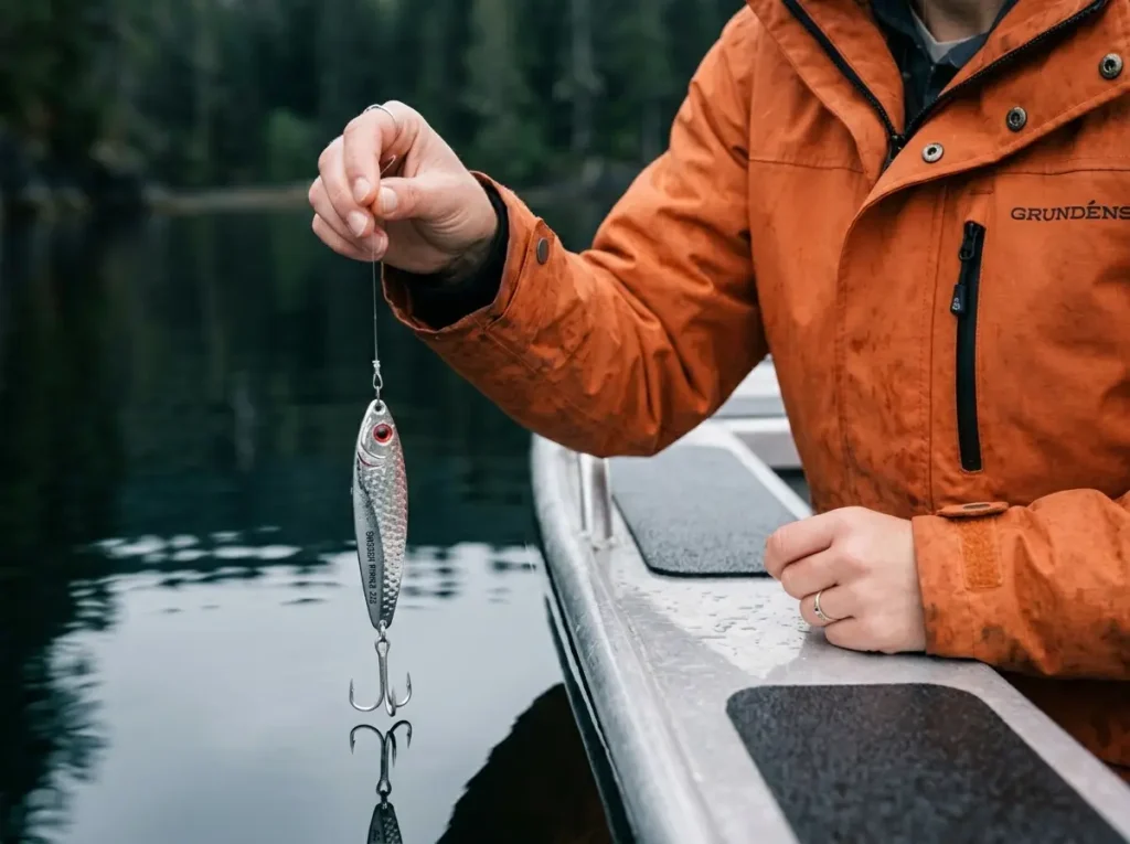 Angler preparing to drop a swedish pimple blade bait into deep water