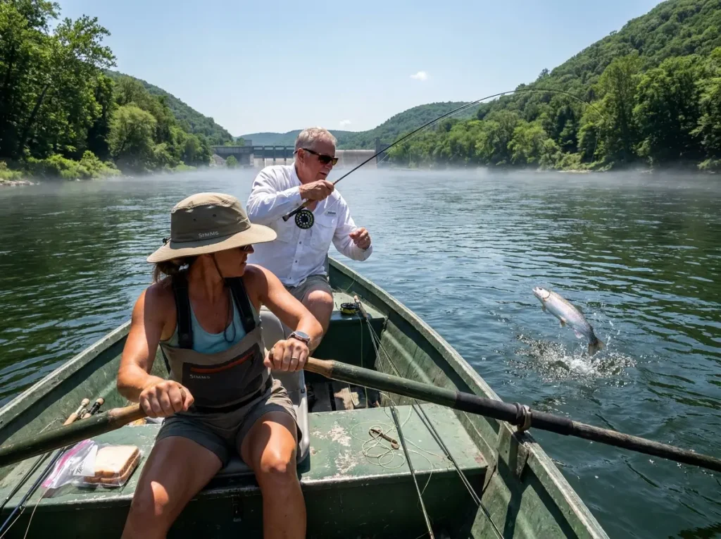 Drift boat angler fishing the cold Delaware River tailwater below Cannonsville Dam
