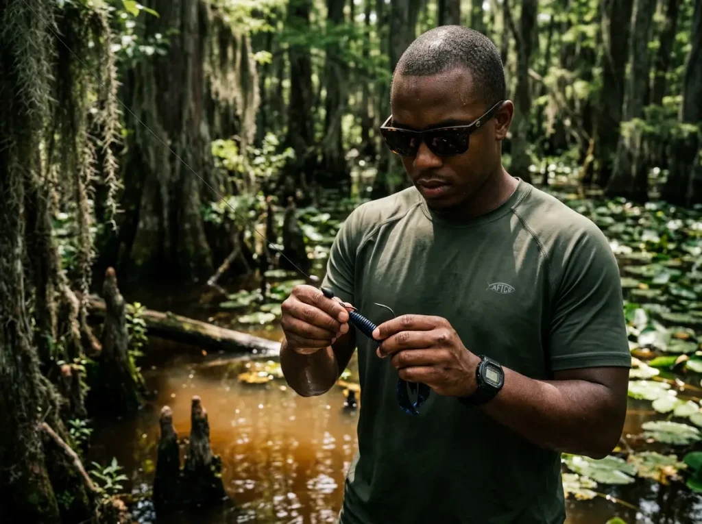 Angler rigging a black and blue soft plastic bait for dichromatic bass vision.