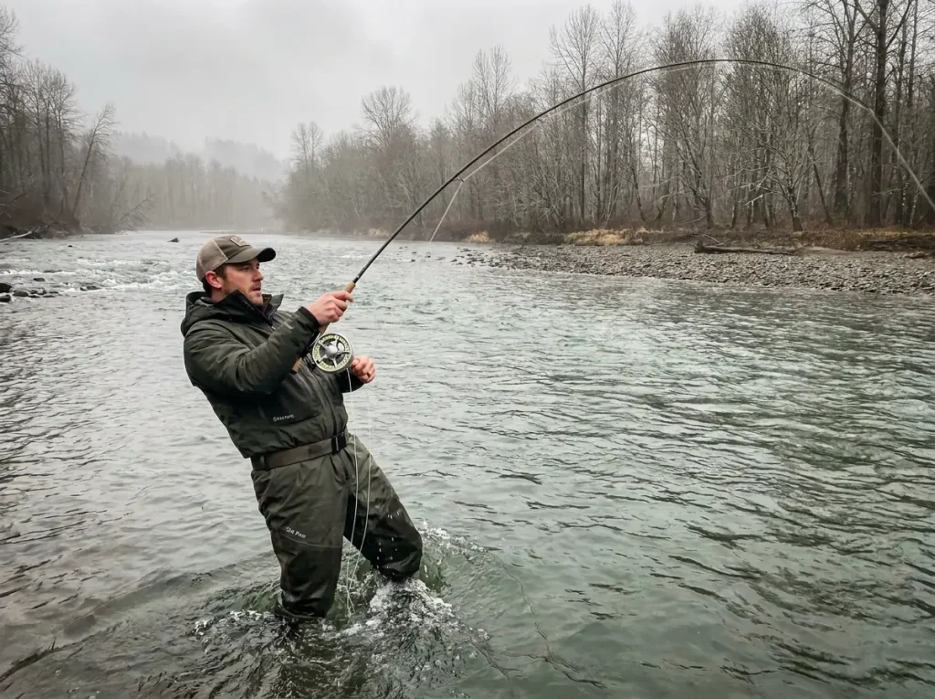 Fly angler fighting steelhead on Galvan disc drag reel in Pacific Northwest river 