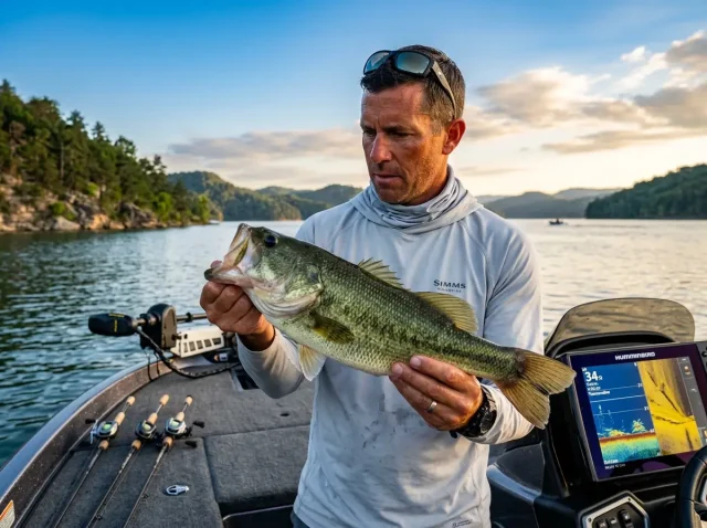 dog-days-summer-fishing-slump-tactics-evaluation Angler holding a bass over a lake evaluating dog days summer fishing slump tactics.