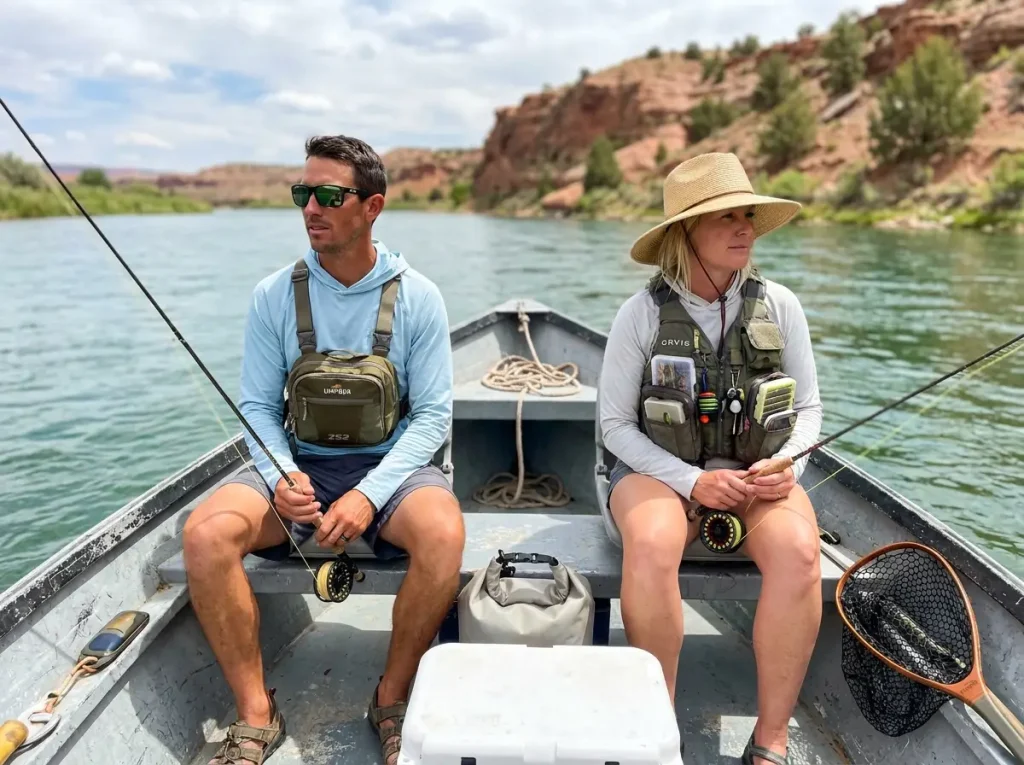 Two anglers on a drift boat one wearing a vest the other a chest pack
