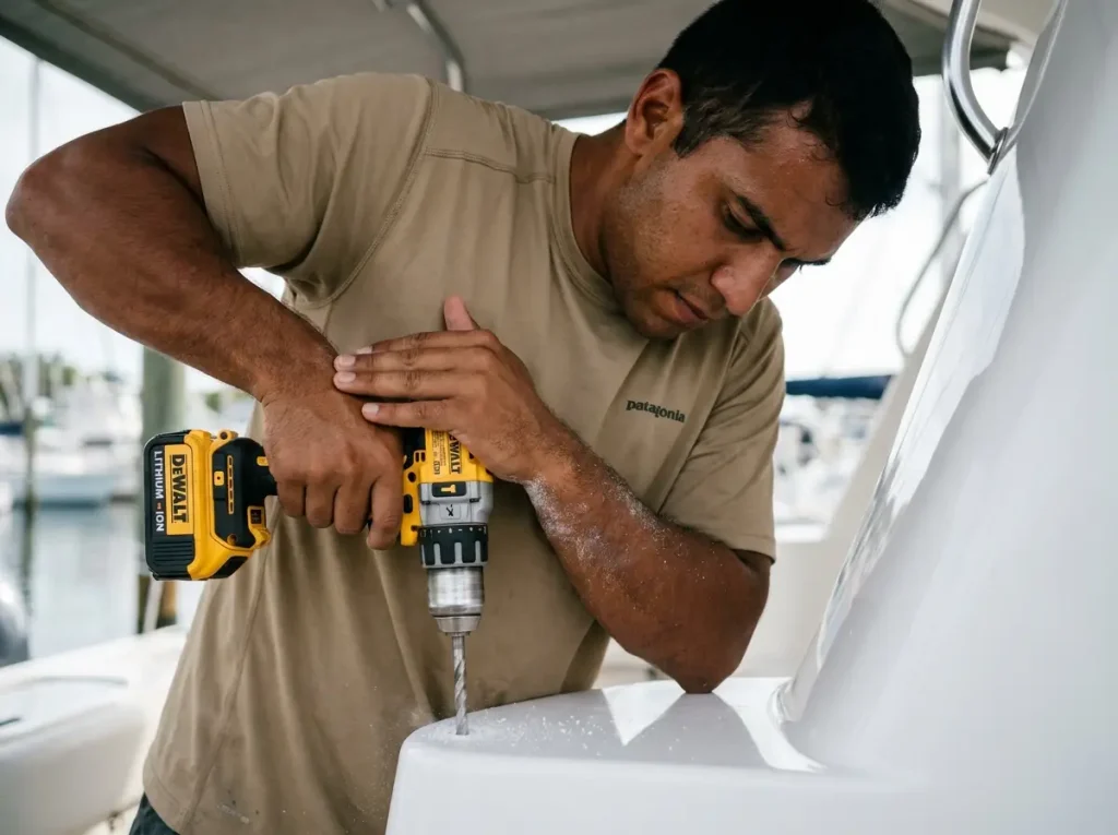 Drilling a pilot hole in fiberglass transom for shallow water anchor