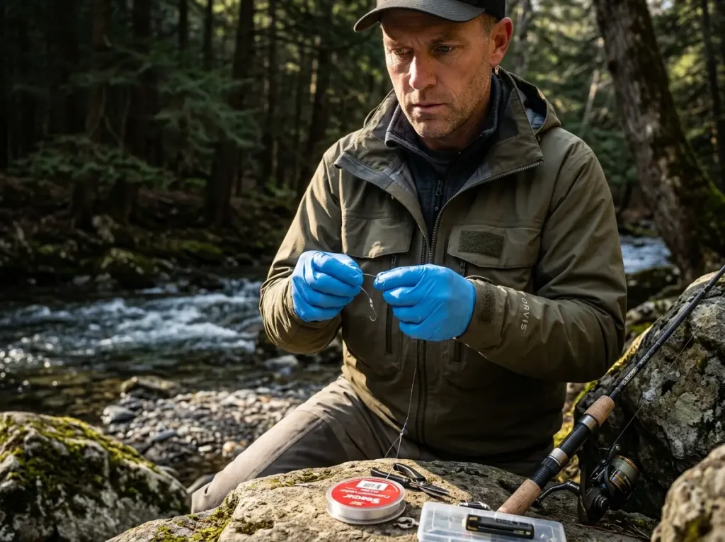 Angler tying drop-shot rig with nitrile gloves to prevent scent contamination.